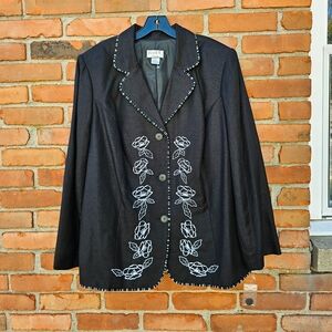 New VTG 90’s Mary McFadden Linen Blend Floral Embroidered Blazer | Black & White